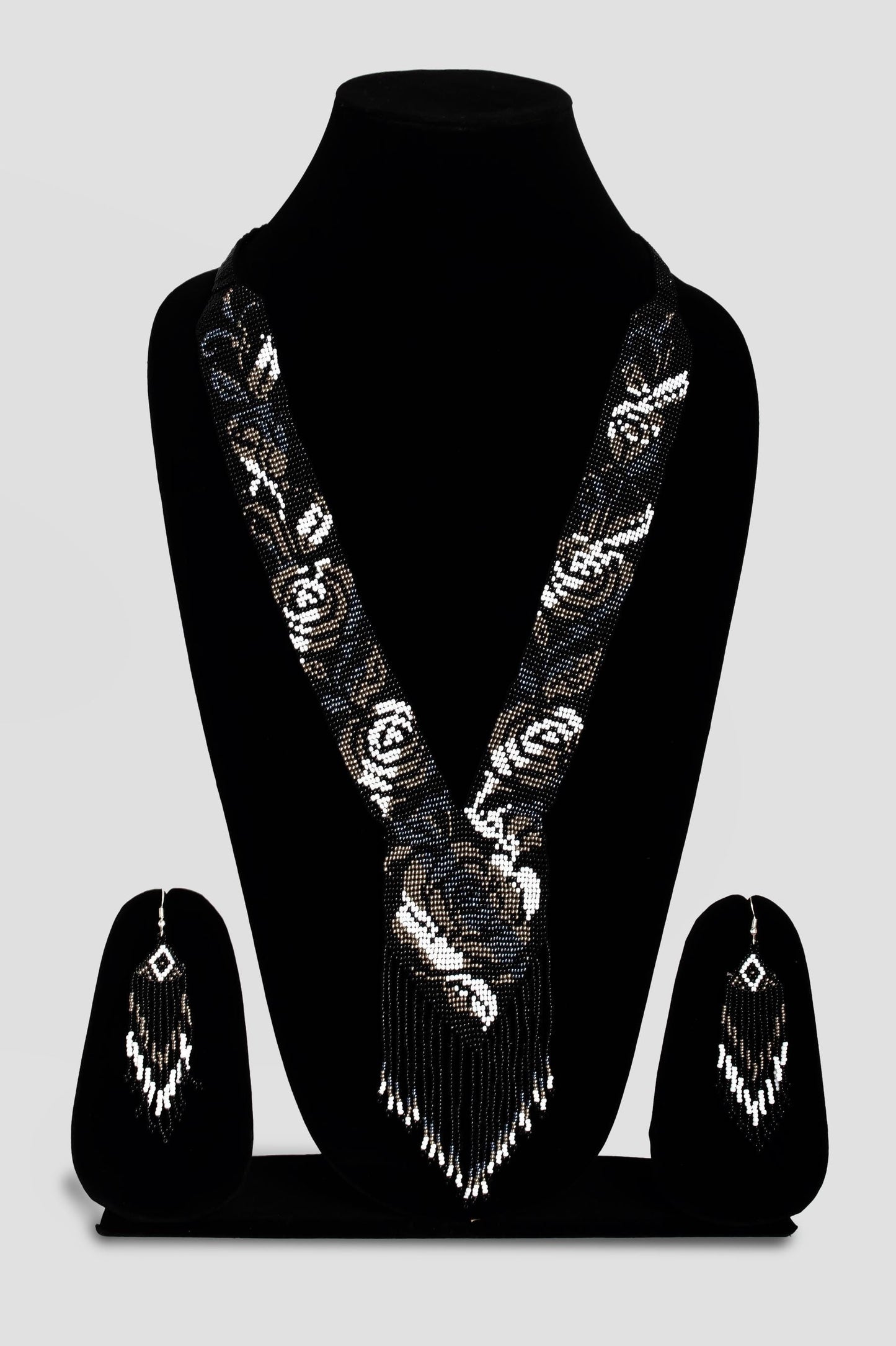 Black Beaded Necklace  Fringe Earrings Set  Handmade Traditional Ukraine Necklace with White Rose Design  Beaded Earrings