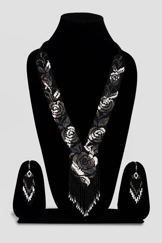 Black Beaded Necklace  Fringe Earrings Set  Handmade Traditional Ukraine Necklace with White Rose Design  Beaded Earrings