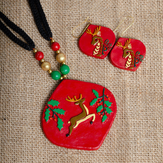 Handmade 3D Reindeer Clay Jewelry Set  Cute Gift for Her Unique  Design Necklace Set with Earrings