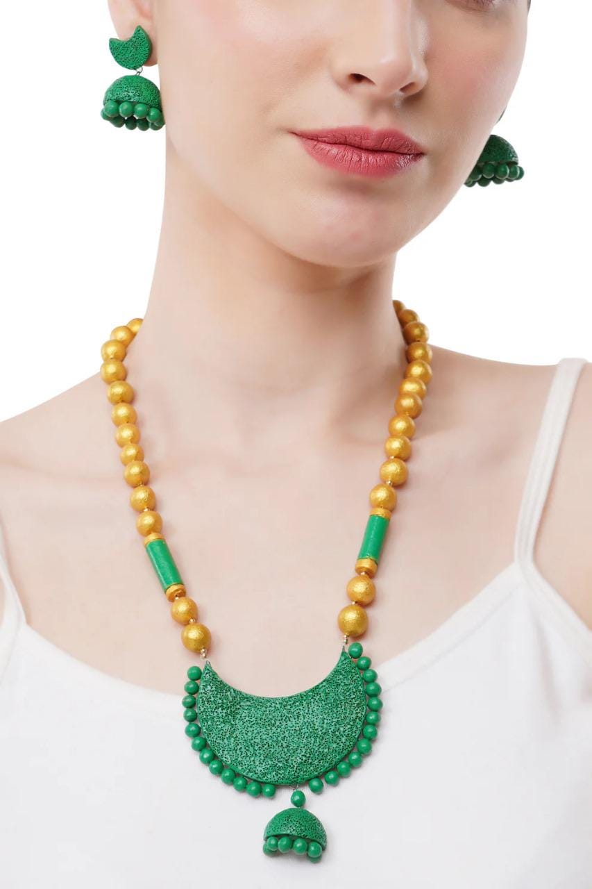 Half Moon Celestial Clay Jewelry Set  Dark Forest  Green And Orange  Handcrafted Women’s Earrings  Unique Jewelry