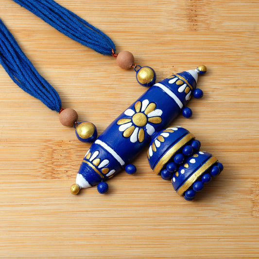 Earthen Clay Green And Blue Tribe Design Set  Small Cute Clay Earrings  Fancy Earrings for Everyday Style
