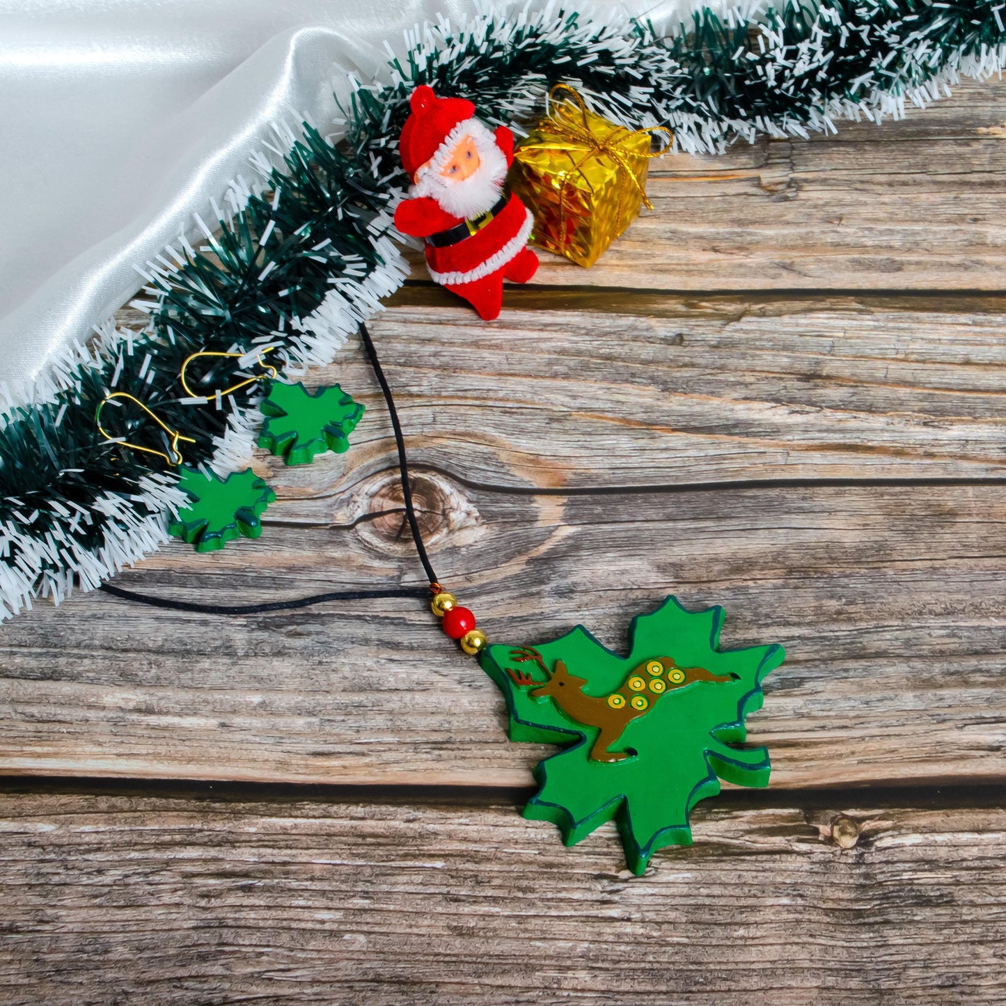 Green Maple And Reindeer Clay Jewelry Set  Clay Earrings And Festive  Dangles