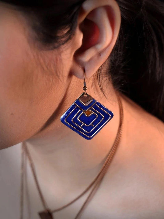 Rhombus Design Handmade Copper Earrings  Geometric Minimalist Earring  Modern Jewelry in Blue  Valentine Gift For Her