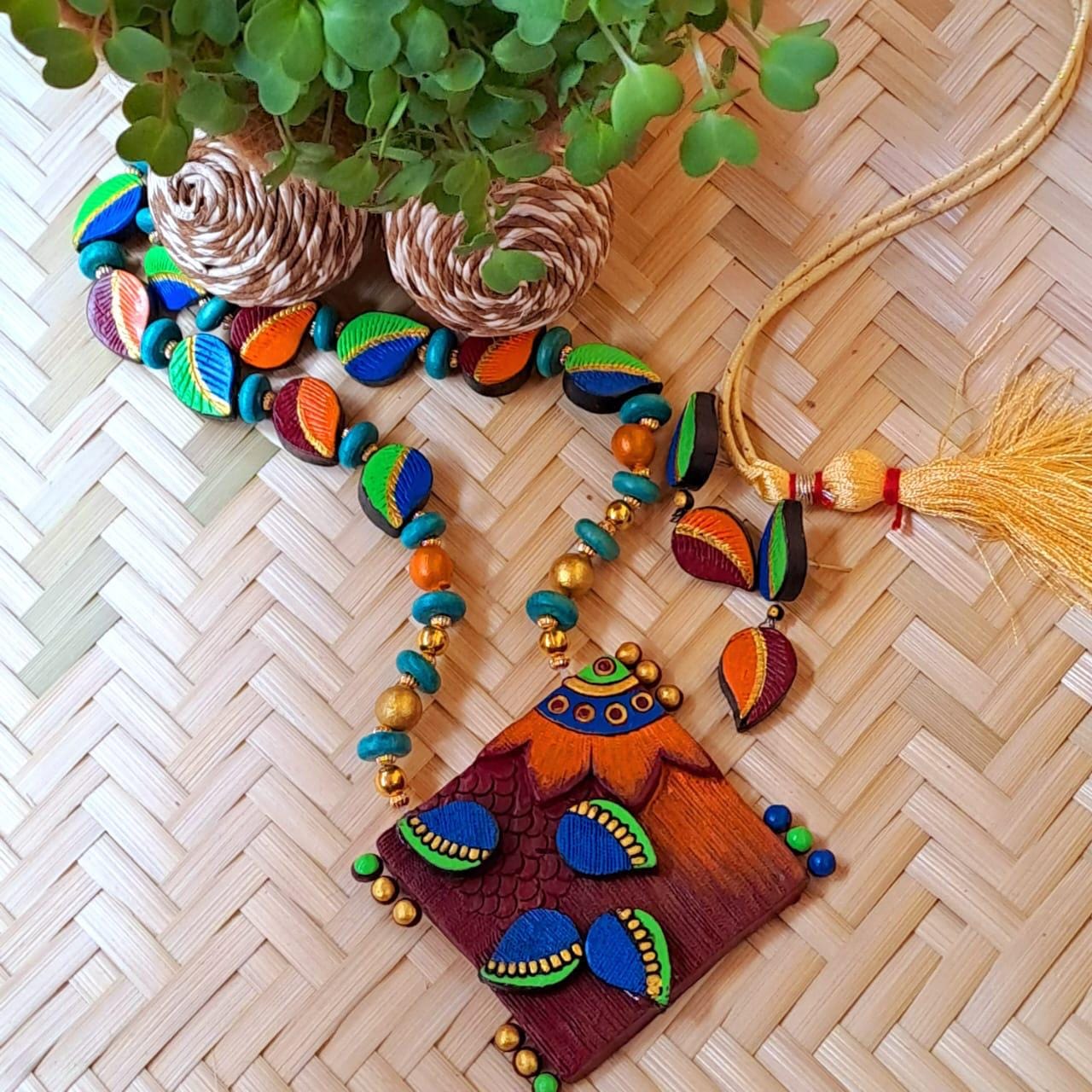 African Tribal Inspired Necklace with Earrings Unique Design Long Necklace Hand Painted Clay Jewelry  Dual Color Earring Terracotta Set