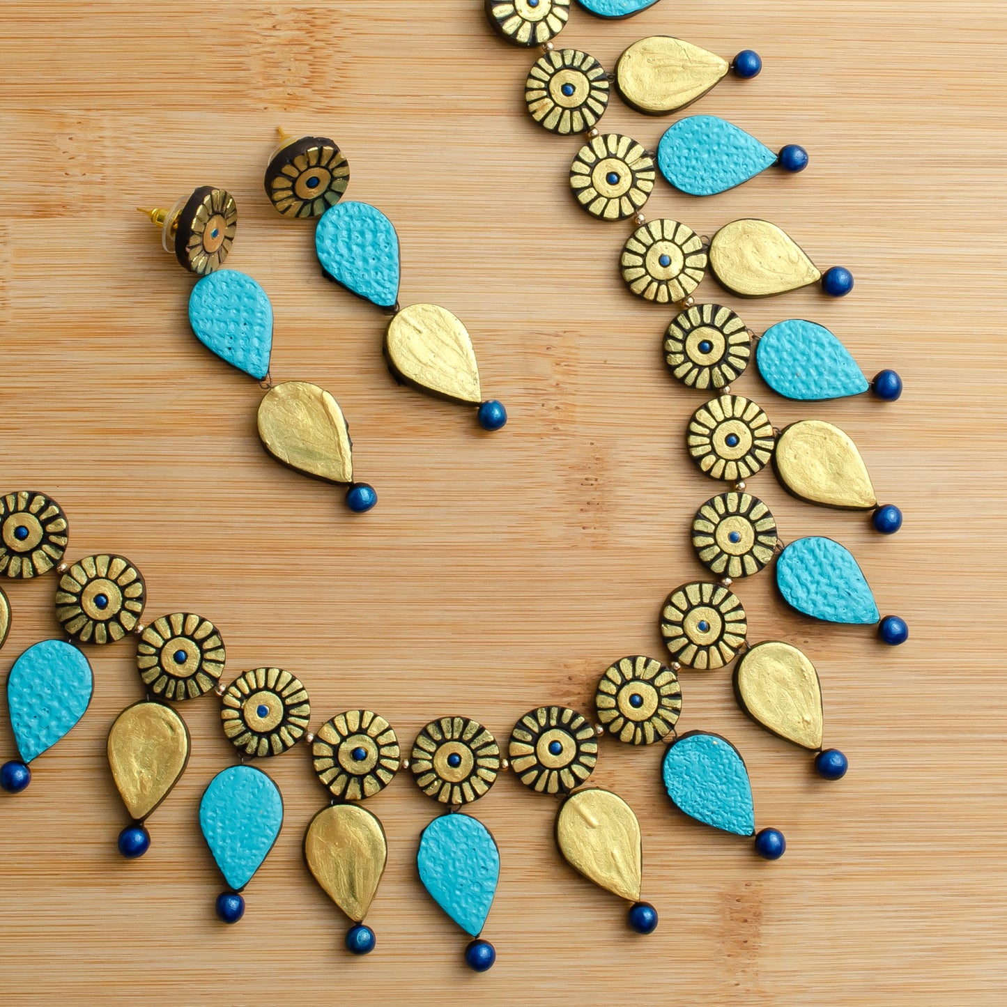 Blue And Golden Clay Jewelry Set  Minimalist Necklace And Dangling Earrings  Gift for Her