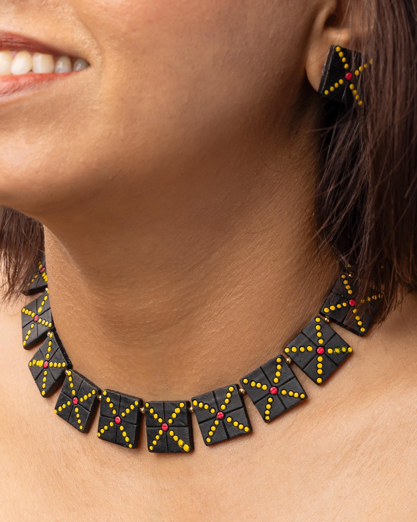 Black Clay Jewelry with Golden Dots  Geometric Design  Handmade Jewelry  Minimalist Necklace  Statement Earrings  Gifts for Her