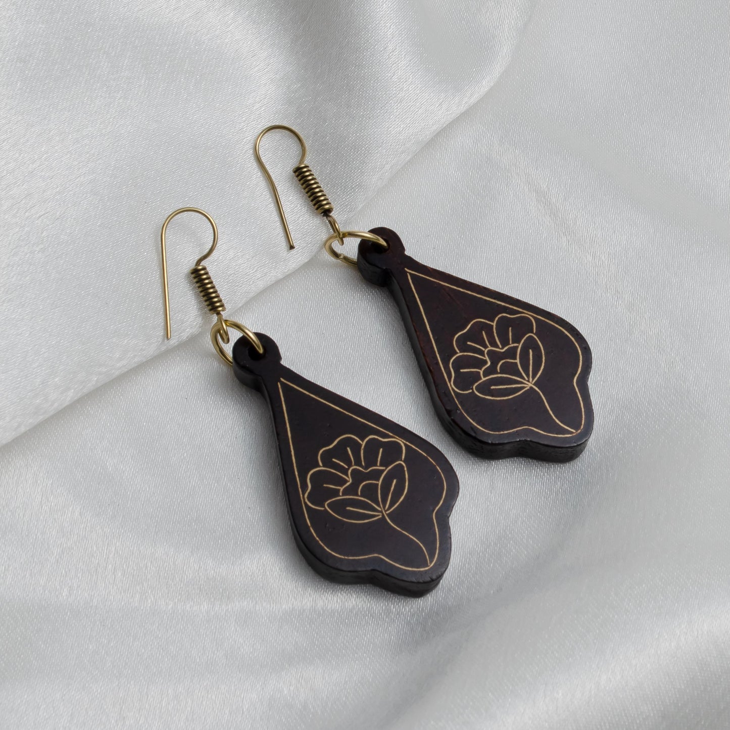 Beautiful Rose Wooden Metal Inlaid Dangle Earrings  Lightweight Floral Earrings