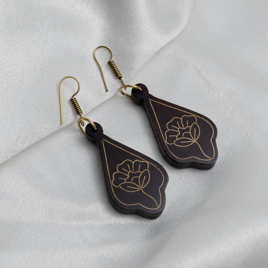 Beautiful Rose Wooden Metal Inlaid Dangle Earrings  Lightweight Floral Earrings