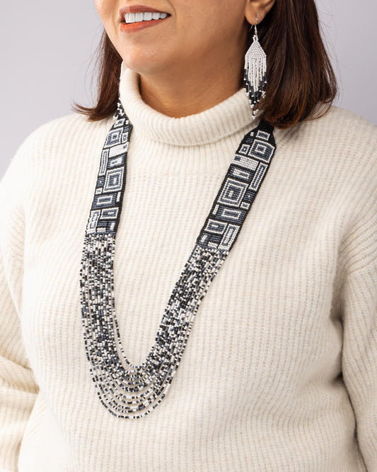Black Geometric Woven Beaded Necklace  Traditional Hippie Ukrainian Necklace  Gift for Her