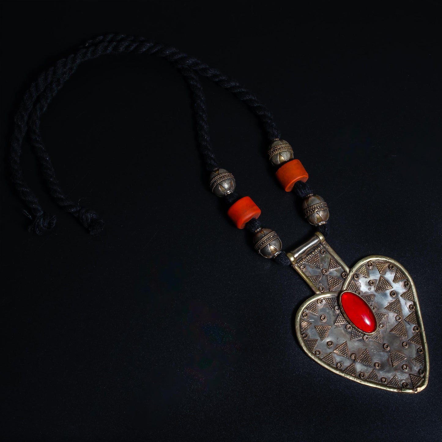 Vintage Afghan Red Glass Stone Bib Necklace  Boho Tribal Necklace  Gypsy Jewelry Statement Piece  Heart Shape