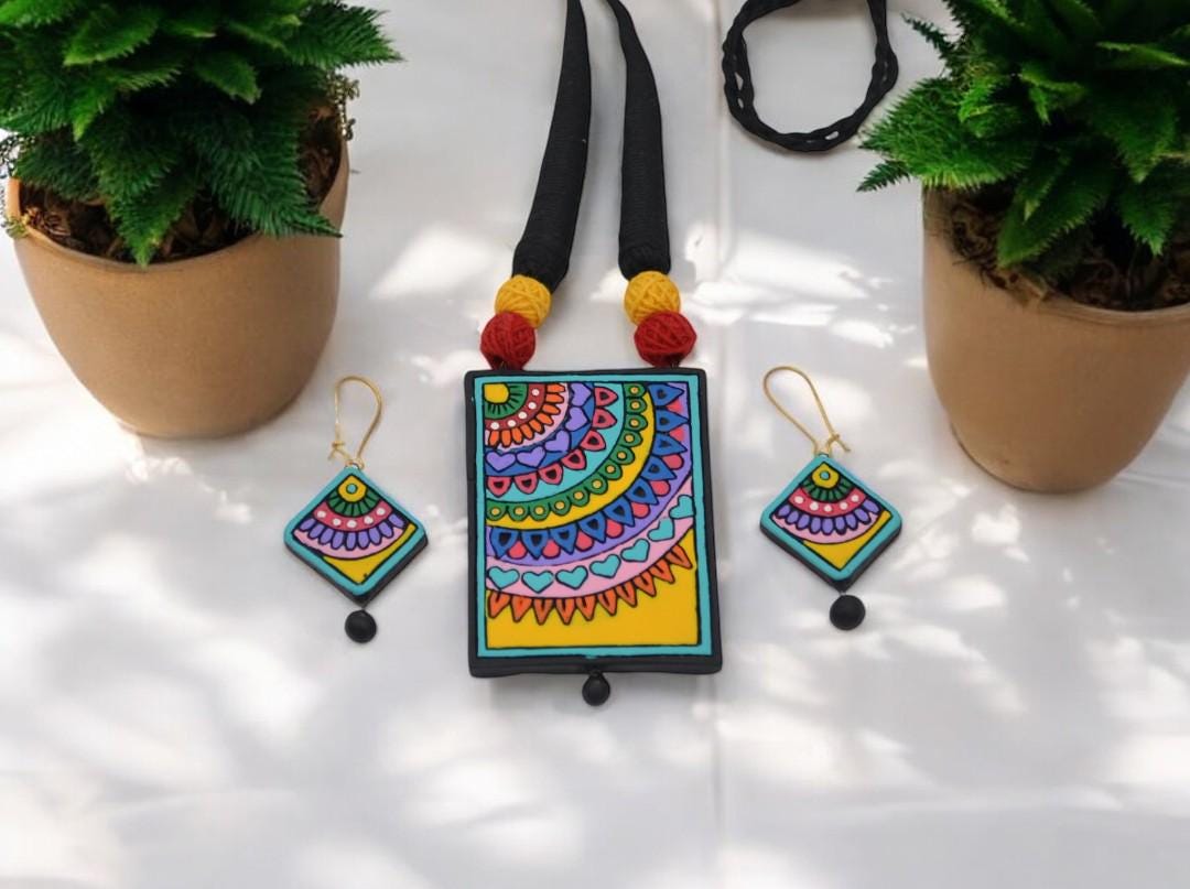 Multi color Square Necklace  Nature-Inspired Art De co Jewelry  Handmade Jewelry with Lightweight Earrings