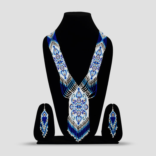 White and Blue Native American Seed Bead Long Necklace – Bohemian Wedding Necklace with Fringe Earrings