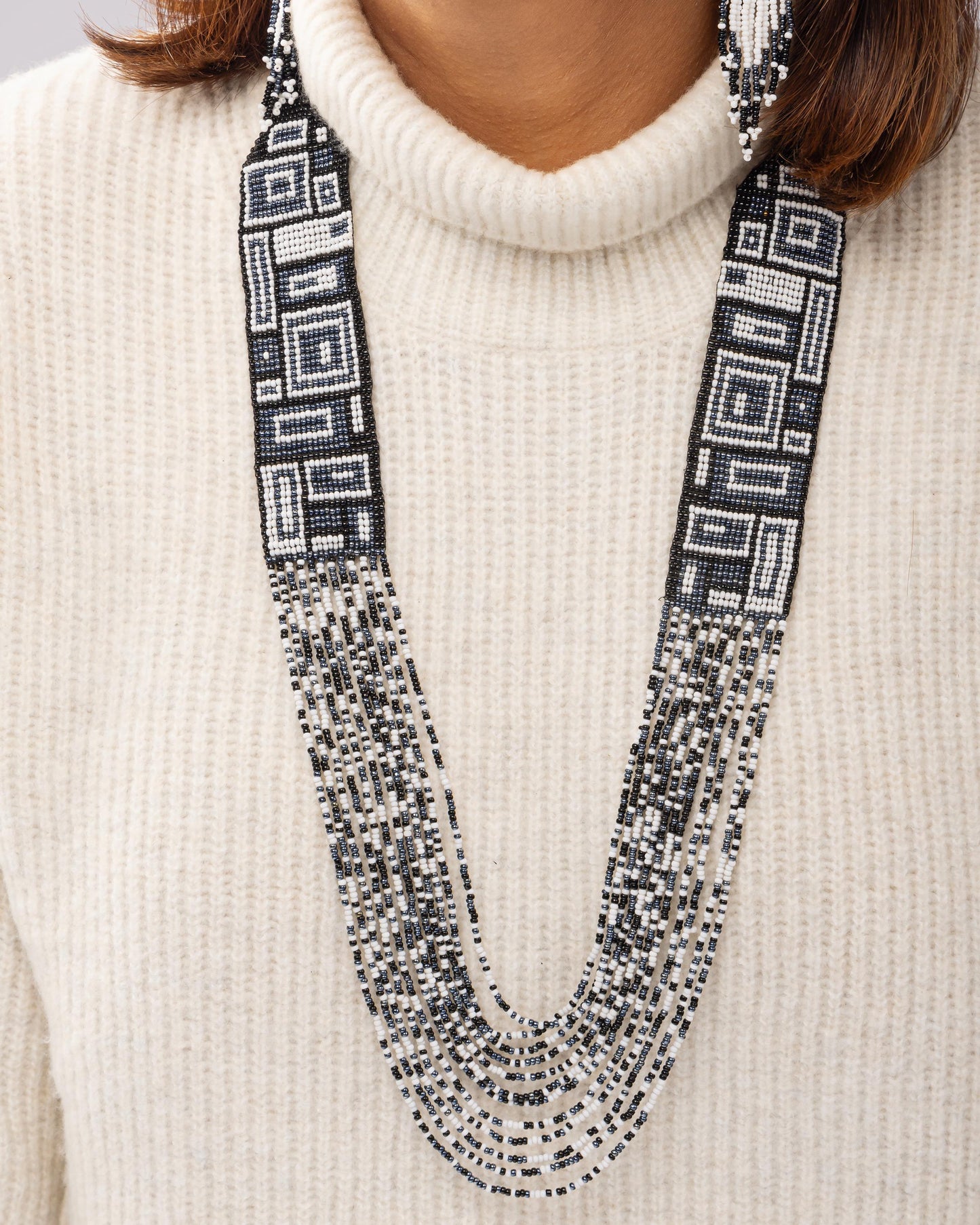 Black Geometric Woven Beaded Necklace  Traditional Hippie Ukrainian Necklace  Gift for Her