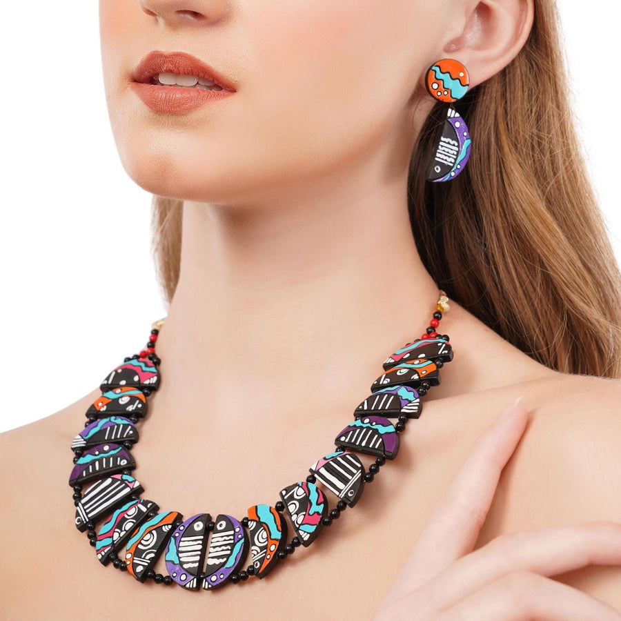 Multicolor crab terracotta clay necklace and earrings set