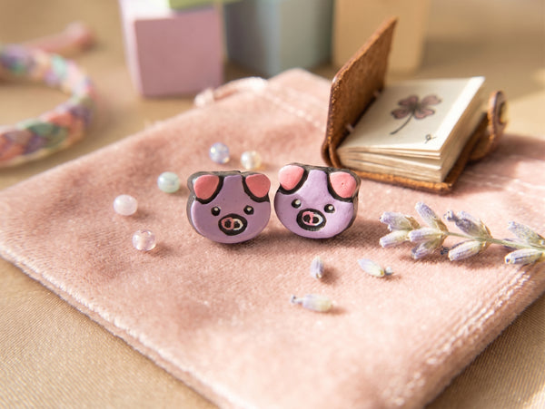 Handmade Earthen Clay Animal Stud Earrings- Pig