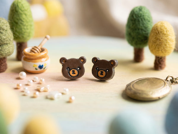 Handmade Earthen Clay Animal Stud Earrings- Bear