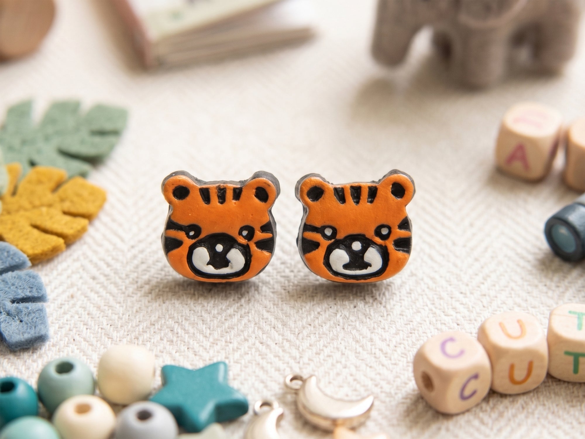 Handmade Earthen Clay Animal Stud Earrings- Lion