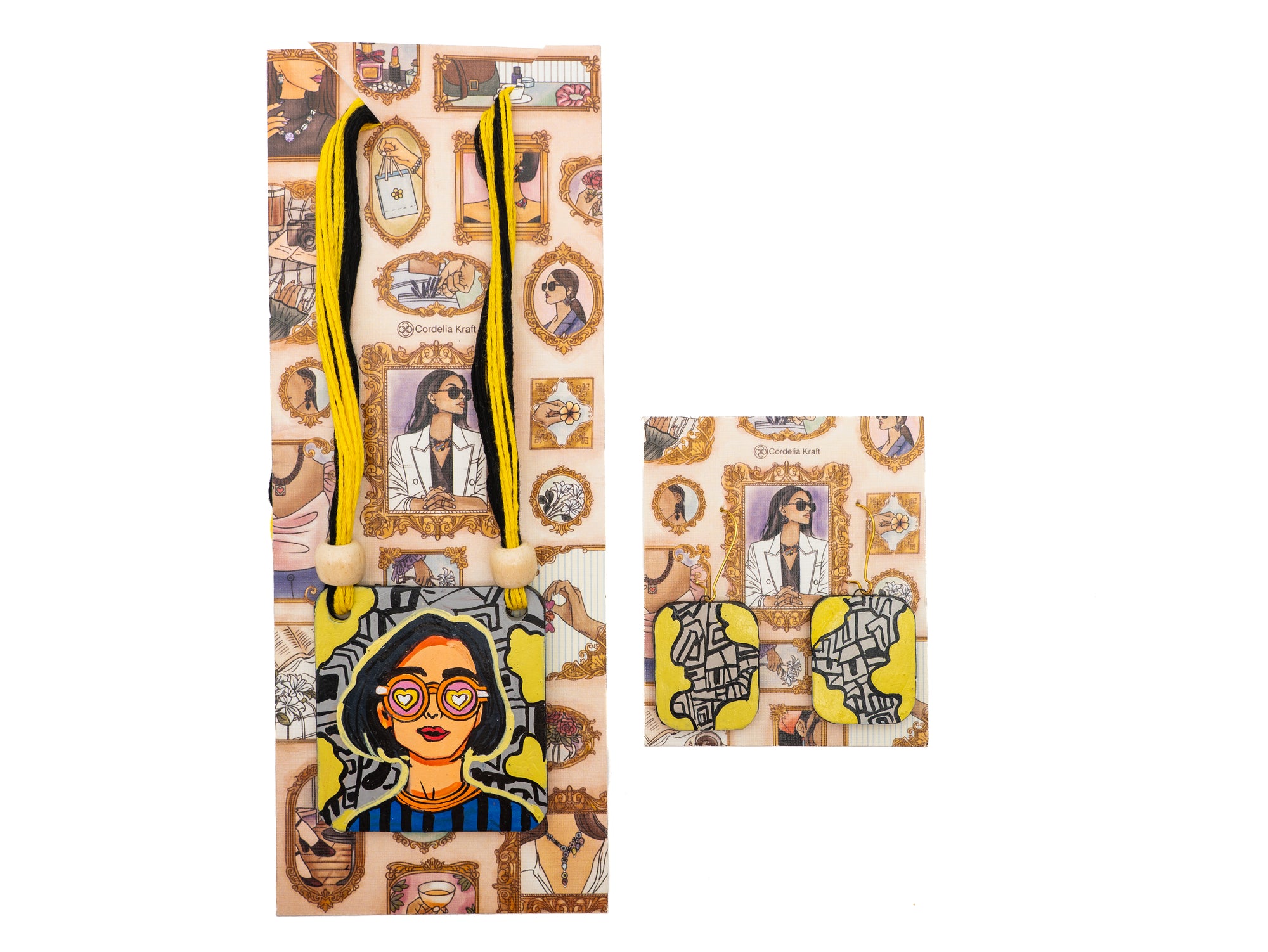 Retro Girl Clay Pendant Necklace & Earrings Set