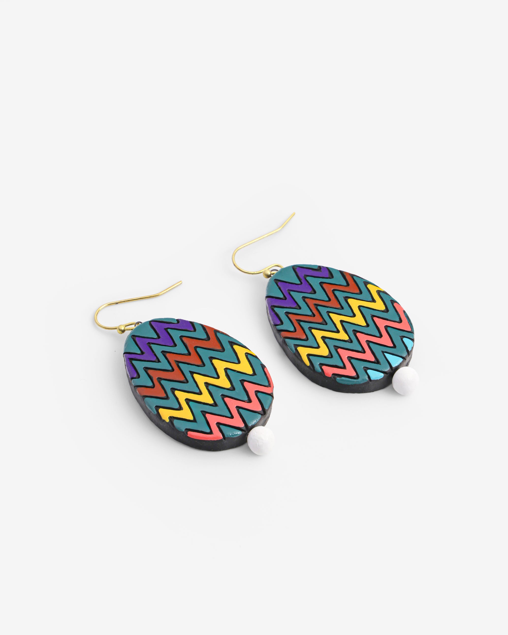 Handmade Earthen Clay Zig-Zag Oval Drop Earrings with Brass Hooks