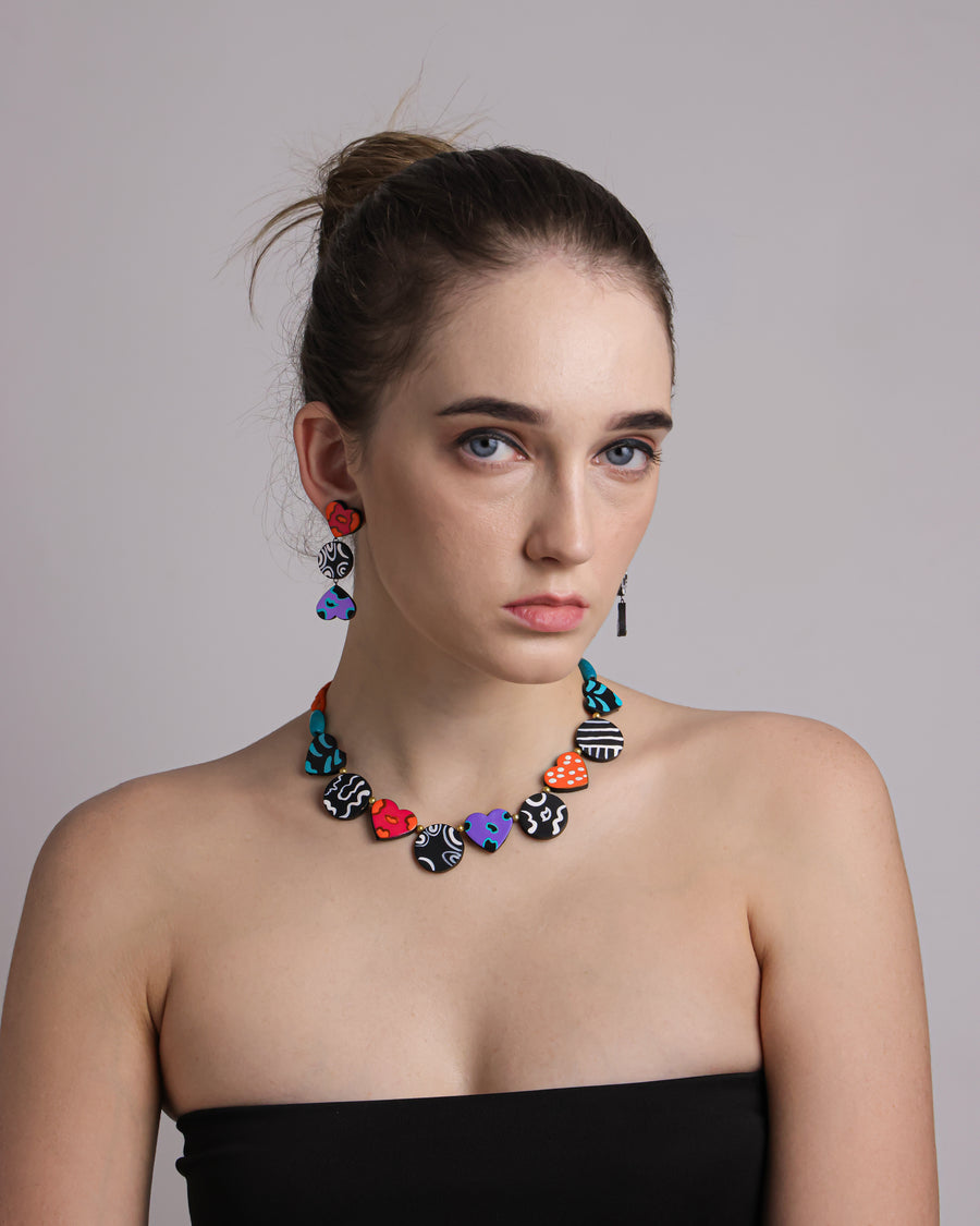 Minimalist hand-painted terracotta heart and circle necklace and earrings set