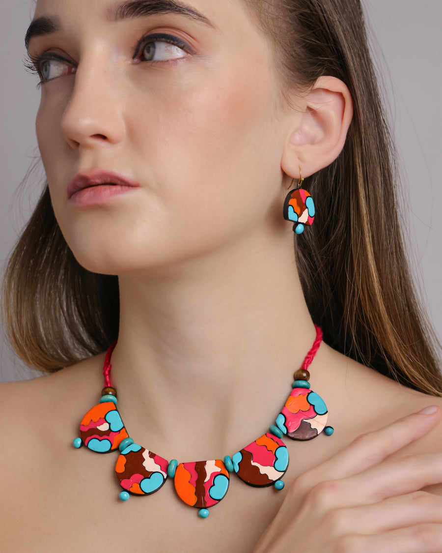 Colorful semi-circle terracotta choker necklace and earrings