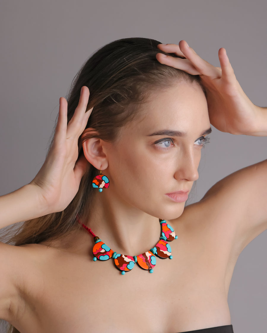 Colorful semi-circle terracotta choker necklace and earrings – view 2