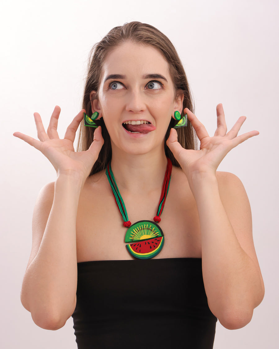 Hand-painted kiwi and watermelon clay necklace and earrings set – view 2