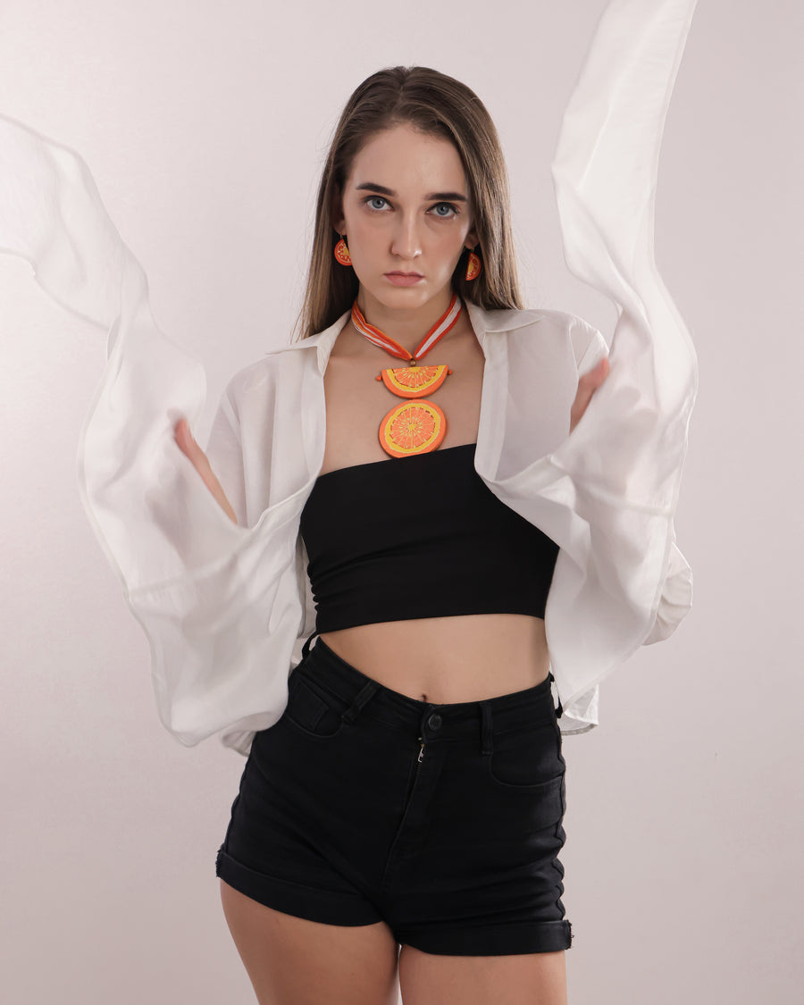 Mandarin orange terracotta clay pendant necklace and earrings