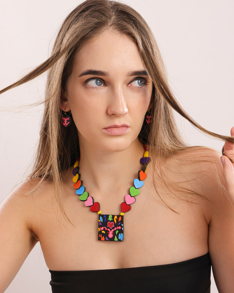 Red hand-painted terracotta heart necklace and earrings set