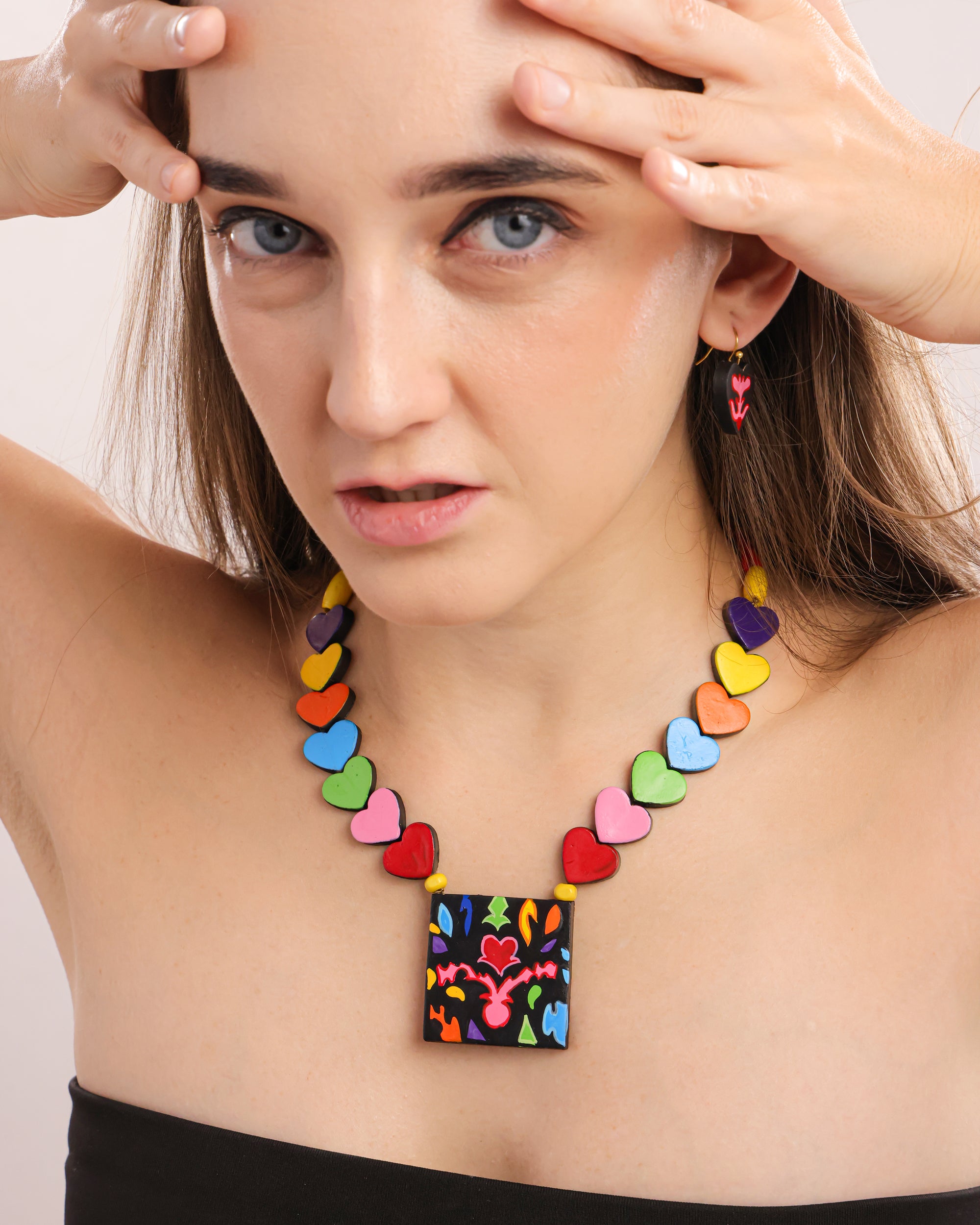 Crimson Pulse: Hand-Painted Terracotta Heart Jewelry Set