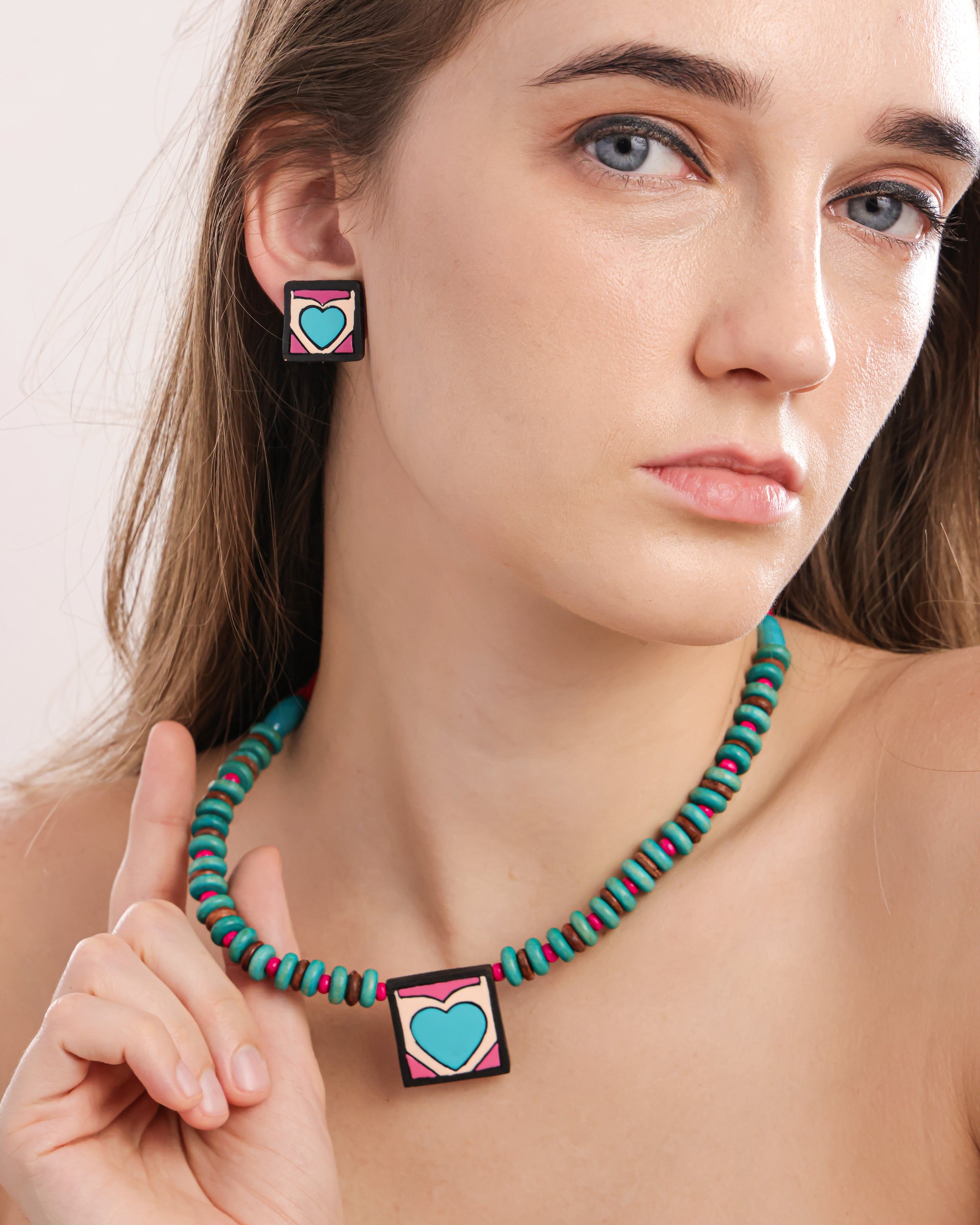 Heart Pendant with Green Wooden Beads