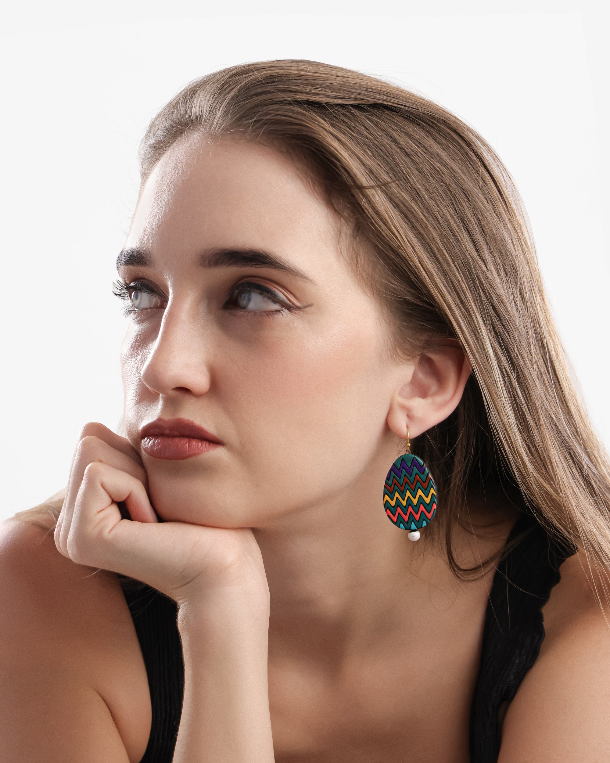 Handmade Earthen Clay Zig-Zag Oval Drop Earrings with Brass Hooks