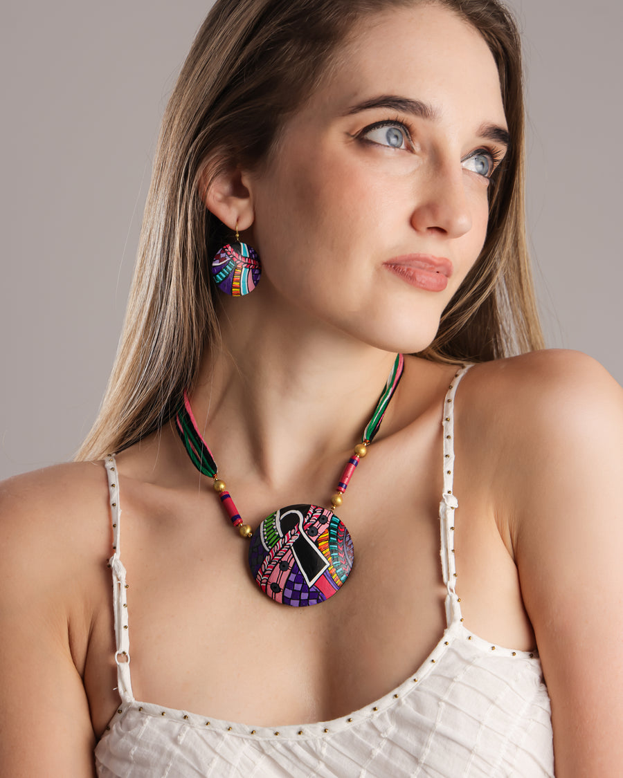 Long boho beach-themed clay necklace and earrings set