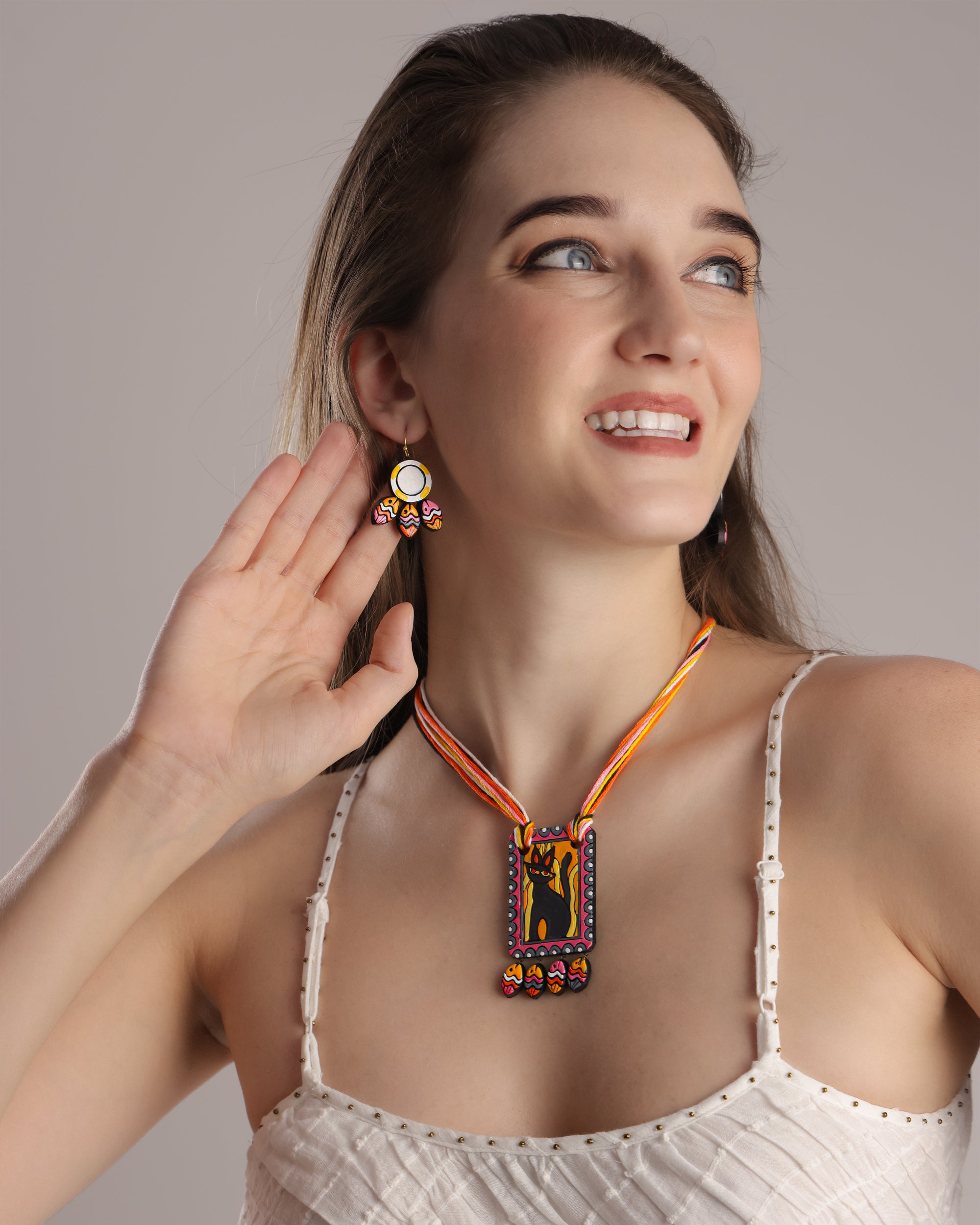 Whimsical Clay Cat Necklace & Earrings Set
