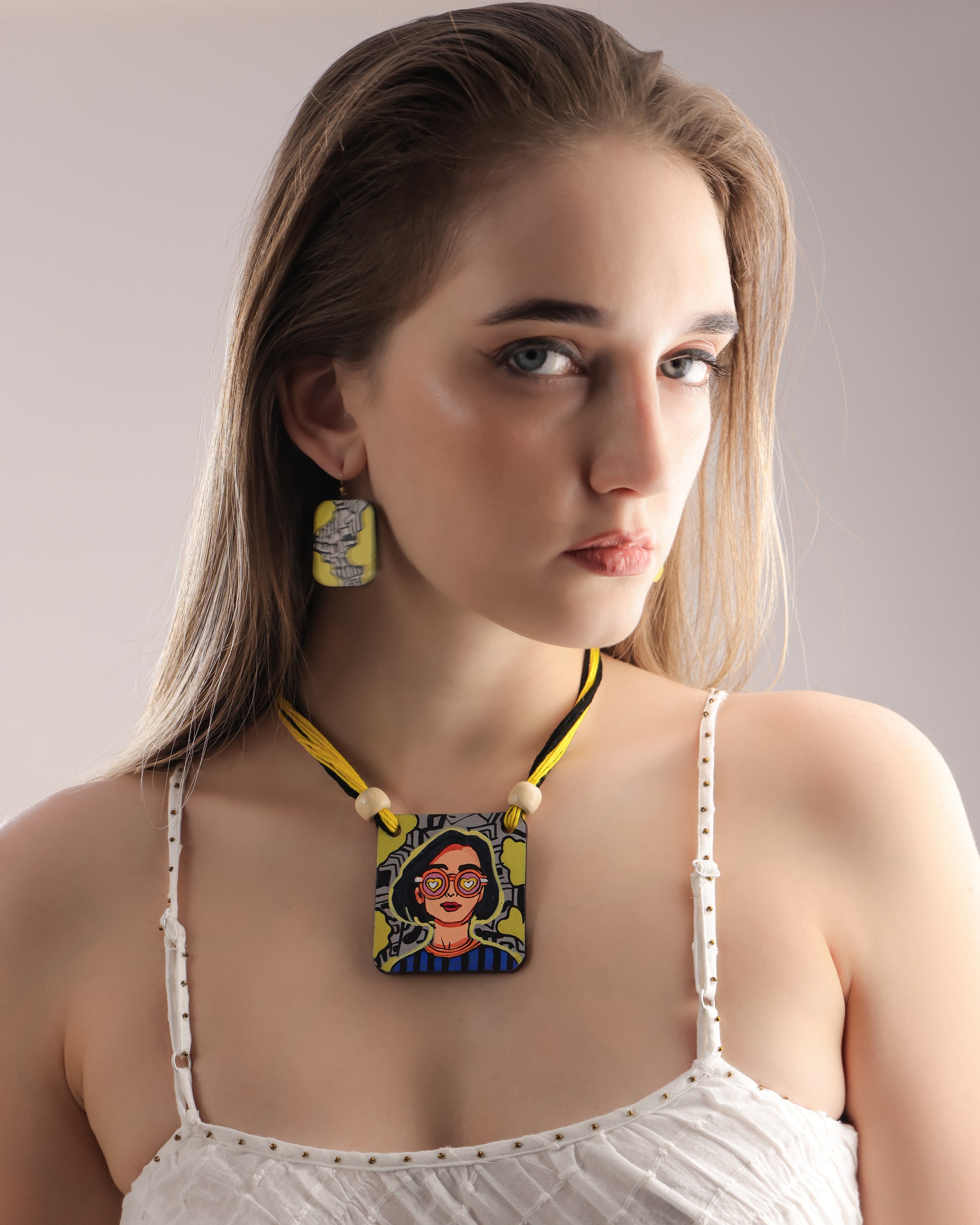 Retro Girl Clay Pendant Necklace & Earrings Set
