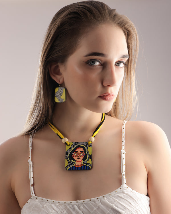Retro Girl Clay Pendant Necklace & Earrings Set