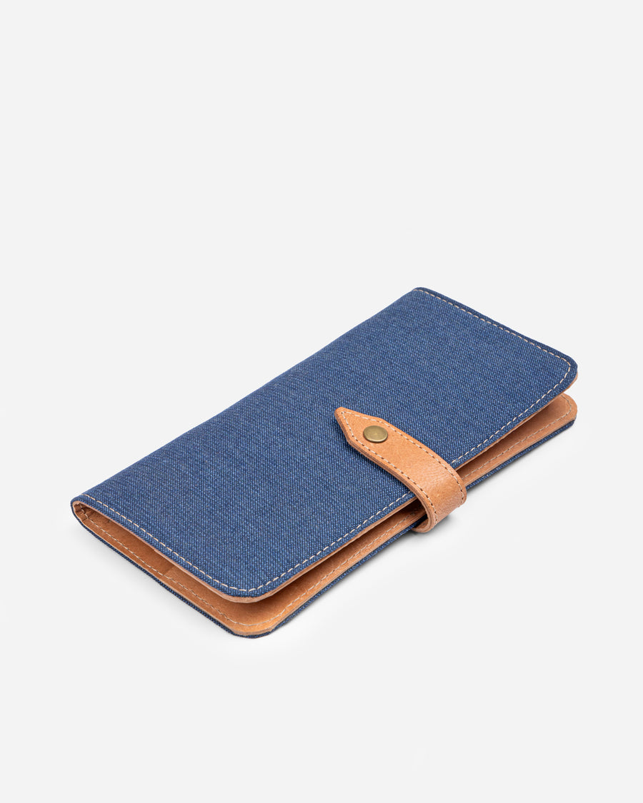 Long blue women's wallet in Sunbrella fabric and leather