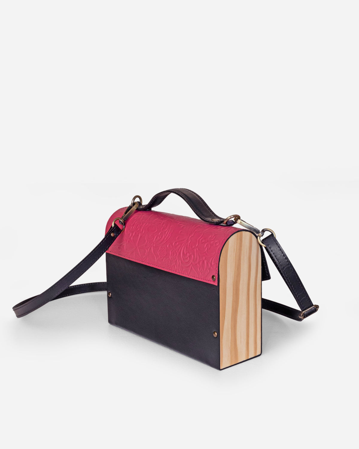 Pink And Black Embossed Leather Crossbody Bag