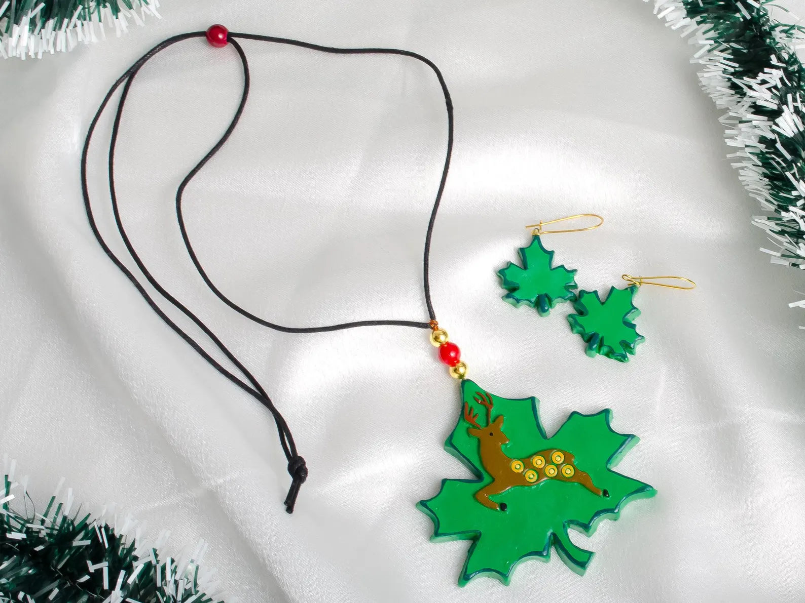 Christmas Clay Jewelry Set: Maple Leaf & Reindeer Earrings Duo