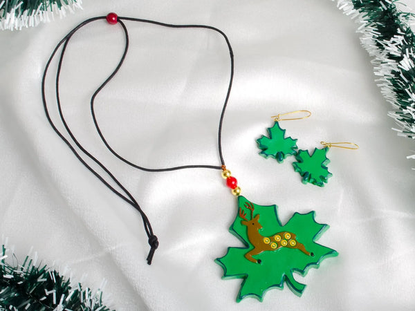 Christmas Clay Jewelry Set: Maple Leaf & Reindeer Earrings Duo