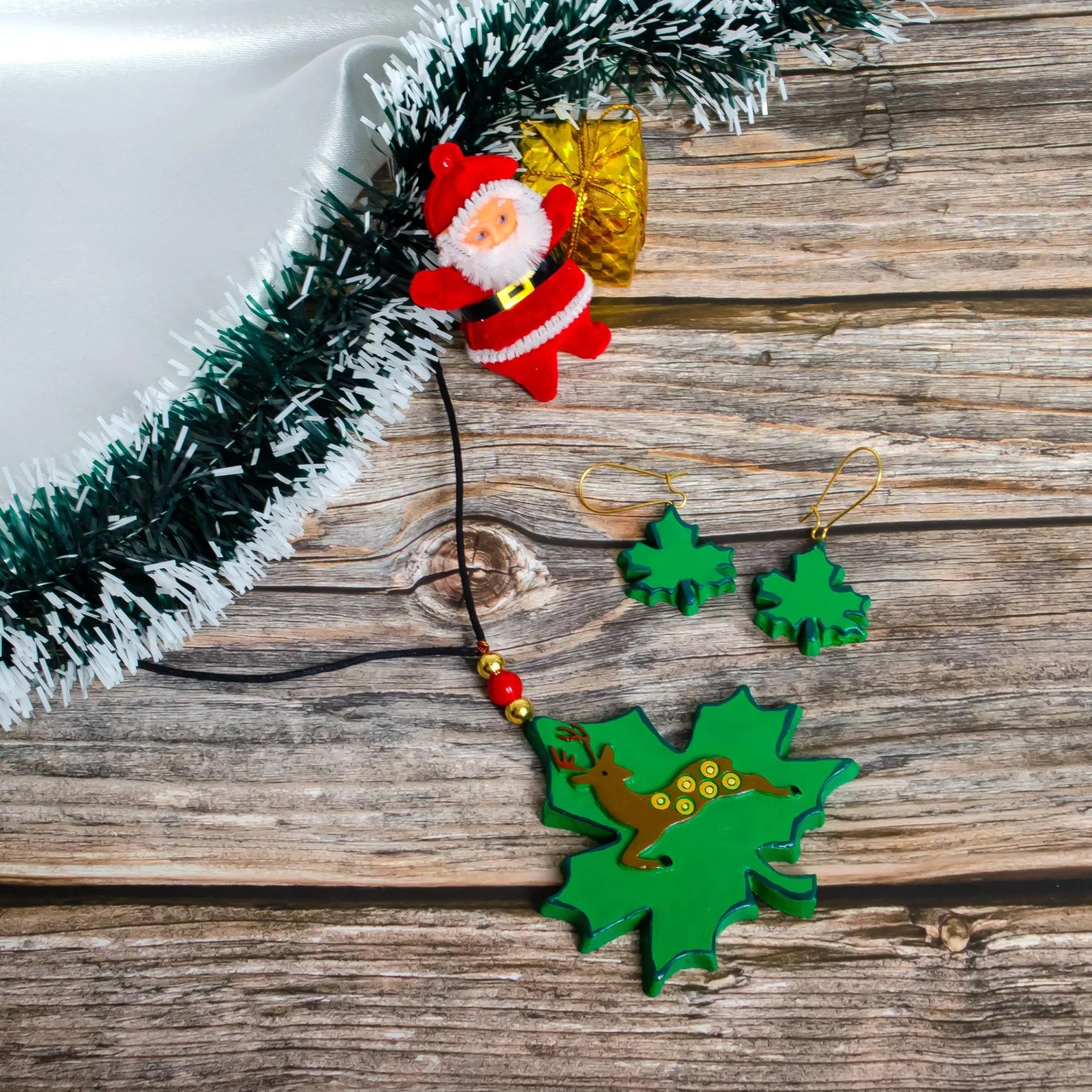 Christmas Clay Jewelry Set: Maple Leaf & Reindeer Earrings Duo