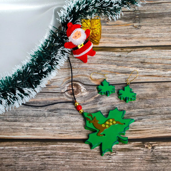 Christmas Clay Jewelry Set: Maple Leaf & Reindeer Earrings Duo