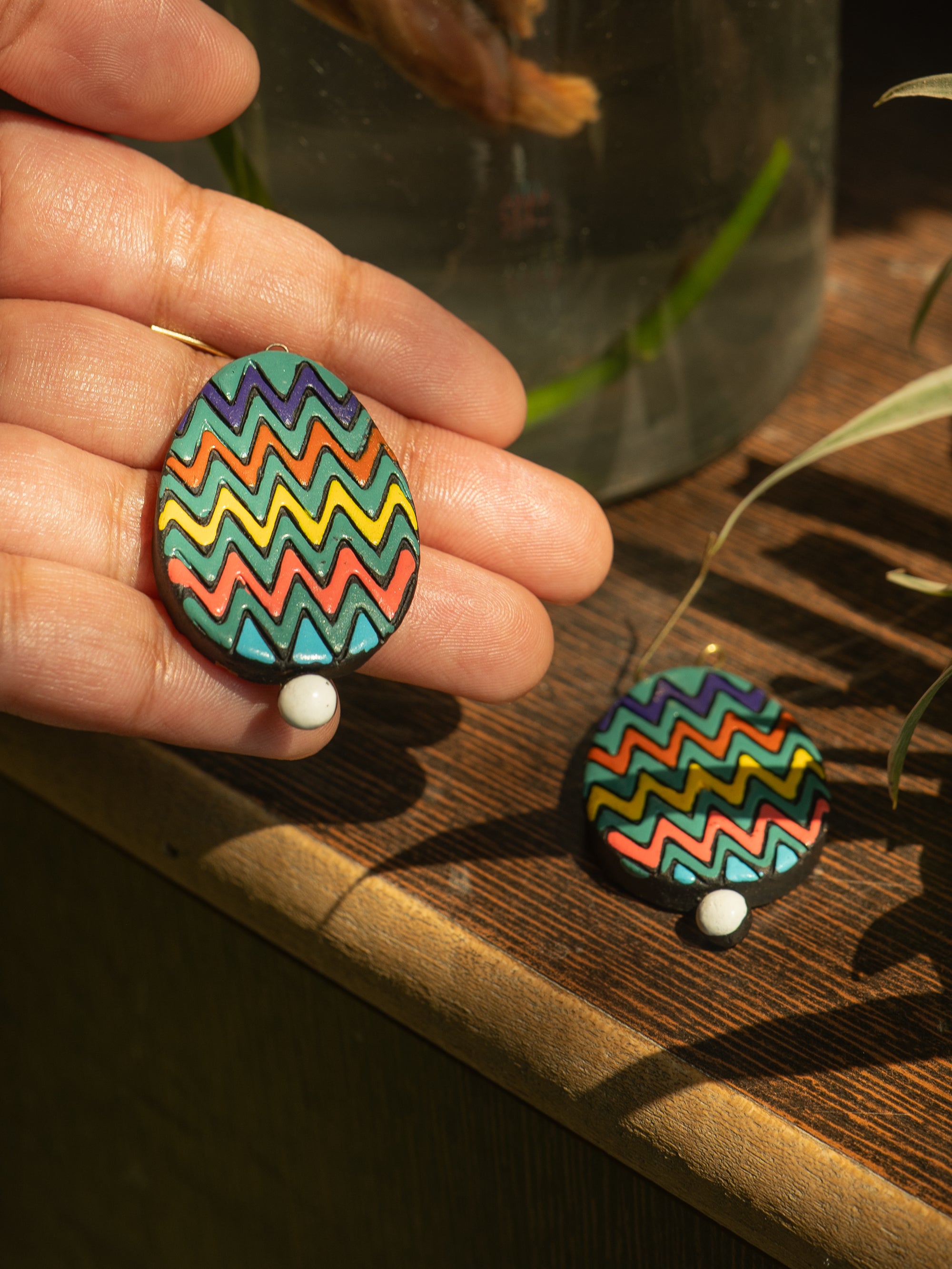 Handmade Earthen Clay Zig-Zag Oval Drop Earrings with Brass Hooks