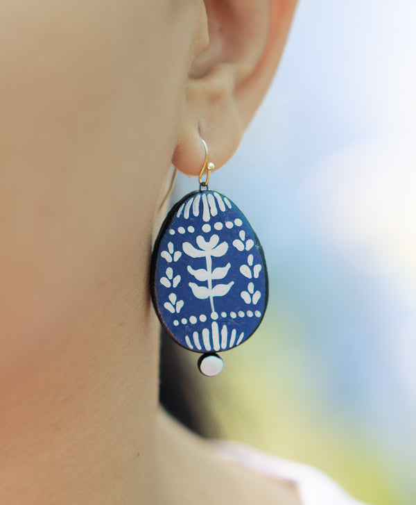 The Indigo Bloom Dangles | Handmade Earthen Clay with Brass Hooks