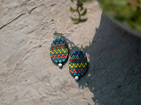 Handmade Earthen Clay Zig-Zag Oval Drop Earrings with Brass Hooks