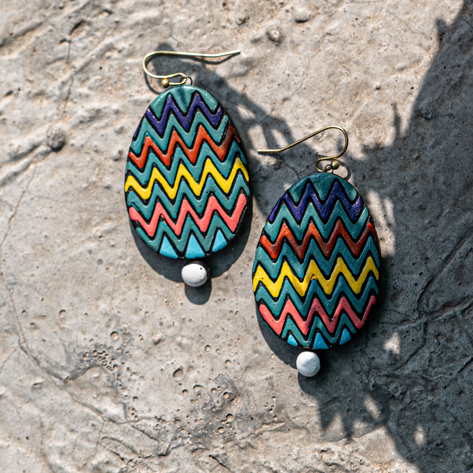 Handmade Earthen Clay Zig-Zag Oval Drop Earrings with Brass Hooks