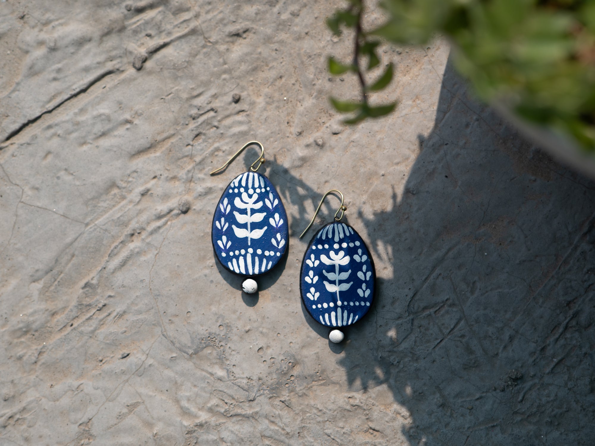 The Indigo Bloom Dangles | Handmade Earthen Clay with Brass Hooks