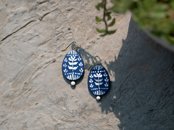 The Indigo Bloom Dangles | Handmade Earthen Clay with Brass Hooks