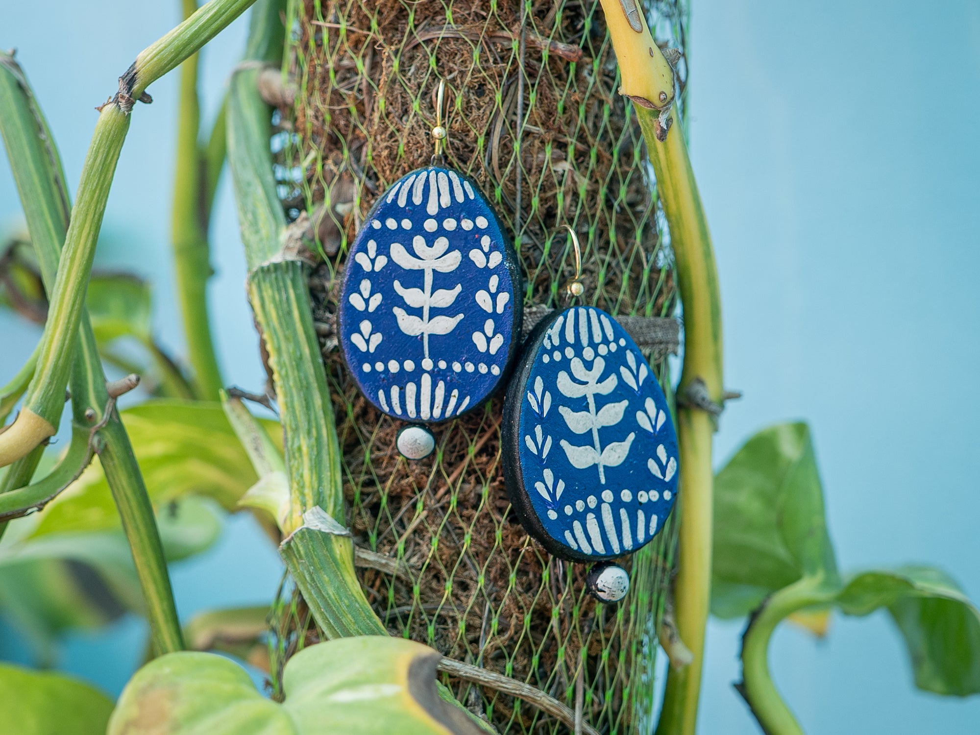The Indigo Bloom Dangles | Handmade Earthen Clay with Brass Hooks