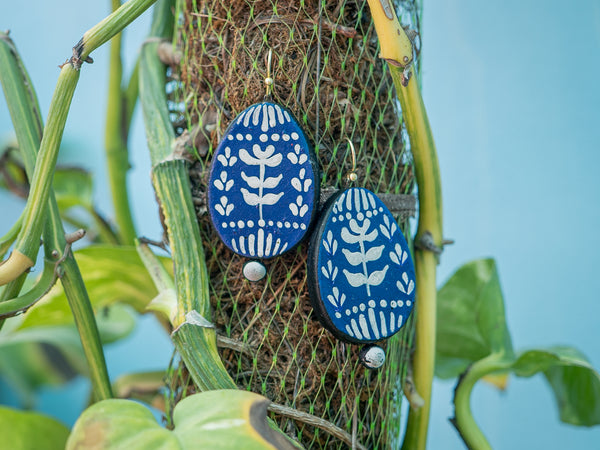 The Indigo Bloom Dangles | Handmade Earthen Clay with Brass Hooks